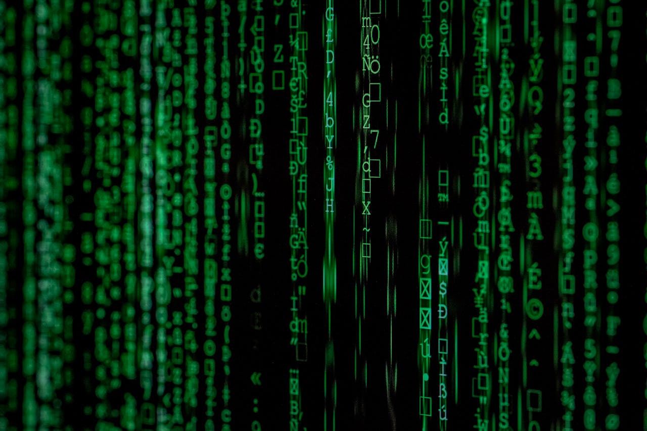 embark Abstract green matrix code background with binary style.